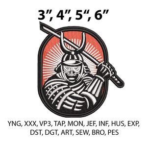 Pode incluir: Patch bordado com um guerreiro samurai em preto e branco, segurando uma espada. O design é definido contra um fundo vermelho com raios brancos e está disponível nos tamanhos de 7,6 cm, 10,2 cm, 12,7 cm e 15,2 cm.