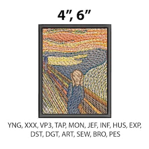 Pode incluir: Obra bordada de "O Grito" de Edvard Munch em uma moldura preta. A imagem tem aproximadamente 10 cm x 15 cm. A obra apresenta uma figura com as mãos no rosto, em um fundo colorido e turbulento.