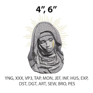 Op de afbeelding: Geborduurd ontwerp van een vrouwengezicht met een halo, een traan en de tekst "4", 6". Het ontwerp is in grijstinten en zwart, met gouden accenten. De afbeelding bevat ook een lijst met bestandsformaten.