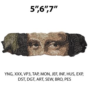 May include: Embroidered patch featuring a detailed depiction of a face with visible eyes, in shades of brown, black, and green. The patch is labeled with the sizes 5", 6", and 7". Additional text includes various file format abbreviations.