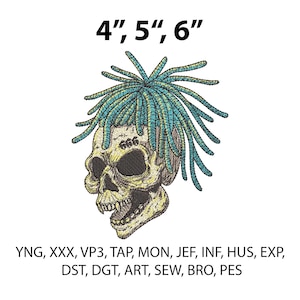 Pode incluir: Design de caveira bordada com rastas azuis, com o texto "4", 5", 6". A caveira tem o número "666" bordado na testa. O design tem aproximadamente 10, 13 ou 15 cm.