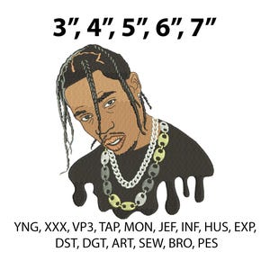 May include: Embroidered portrait of a person with brown skin, wearing a black shirt and a silver and gold chain. The image includes the text "3", 4", 5", 6", 7"" at the top and a list of file formats at the bottom.