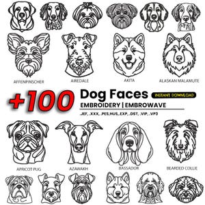 Pode incluir: Uma coleção de designs de bordado de rostos de cães, apresentando várias raças como Affenpinscher, Airedale, Akita e Malamute do Alasca. A imagem inclui o texto "+100 Dog Faces" e "Embroidery | Embrowave".