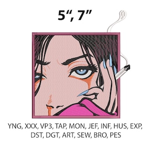 Pode incluir: Patch bordado com uma ilustração em estilo pop art do rosto de uma mulher com olhos azuis e unhas compridas, segurando um cigarro aceso. O patch é quadrado, com aproximadamente 12,7 cm por 17,8 cm.