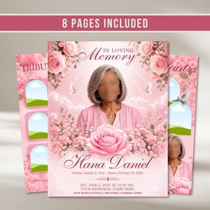 Op de afbeelding: Een uitvaartprogramma-sjabloon met 8 pagina's, voorzien van een roze bloementhema met rozen en duiven. De omslag toont de tekst In Loving Memory, de naam Hana Daniel, data en locatiegegevens, met een tijdelijke aanduiding voor een portret.