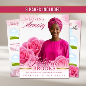 Pink Roses Funeral Program Template: Celebration of Life (Canva, 8 Pages, Digital Download)