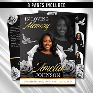 May include: A memorial announcement with the text "In Loving Memory" and the name "Amelia Johnson." The design features a black and white color scheme with rose and dove illustrations. The dates December 12th, 1986 - April 20th, 2025 are included.