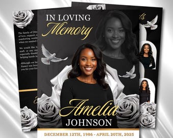 Plantilla de programa funerario en negro y dorado: Memorial de 8 páginas (Descarga digital editable en Canva)