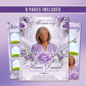 May include: A funeral program template featuring a lavender floral theme with purple roses and white baby's breath. The design includes a central portrait space, the text In Loving Memory, Hana Daniel, dates, and service details. 8 pages included.