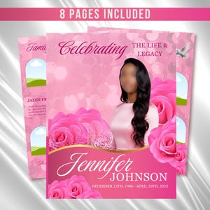 Pink Roses Funeral Program Template: Celebration of Life (Canva, 8 Pages, Digital Download)