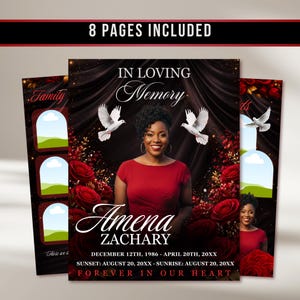Op de afbeelding: Een gedenkaankondiging met de tekst "8 PAGES INCLUDED". Het ontwerp toont een vrouw in een rode jurk, duiven en rode rozen. De tekst bevat "IN LOVING Memory", de naam "Amena Zachary" en data.