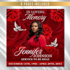 May include: A memorial design featuring a woman in a red dress, surrounded by red roses and white doves. The text reads "In Loving Memory" and includes the name "Jennifer Johnson" and dates.