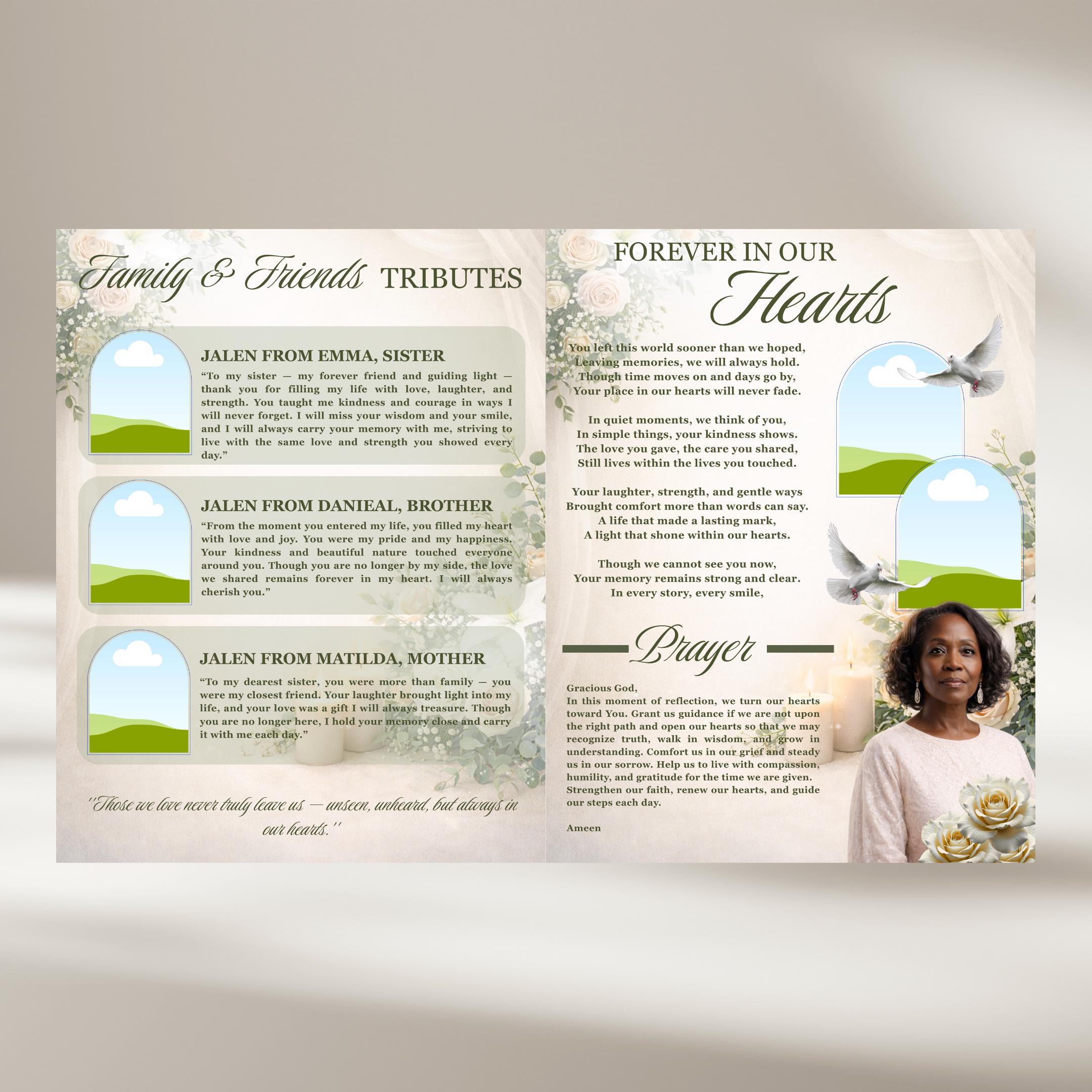 Green & White Roses Funeral Program Template: Celebration of Life ...