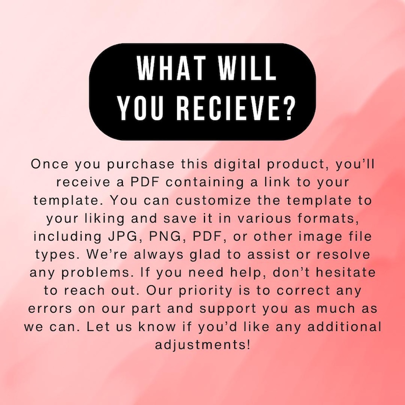 May include: A digital product announcement with the text "WHAT WILL YOU RECIEVE?" in a black rounded rectangle. The background is a gradient of pink and red. The text below explains the product details.