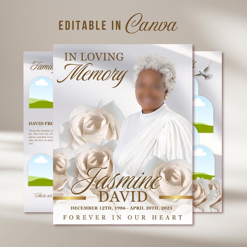 May include: A funeral program template featuring the text IN LOVING MEMORY, Jasmine DAVID, and DECEMBER 12TH, 1986 - APRIL 20TH, 2025. The design includes a portrait of a person with short gray hair wearing a white top, surrounded by white roses.