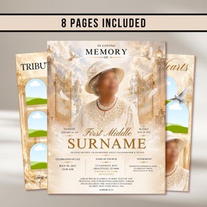 May include: A funeral program template featuring 8 pages with a gold and white theme. The cover displays a portrait of a person in a hat, golden gates, and white doves. Text includes IN LOVING MEMORY, FIRST MIDDLE SURNAME, and event details.