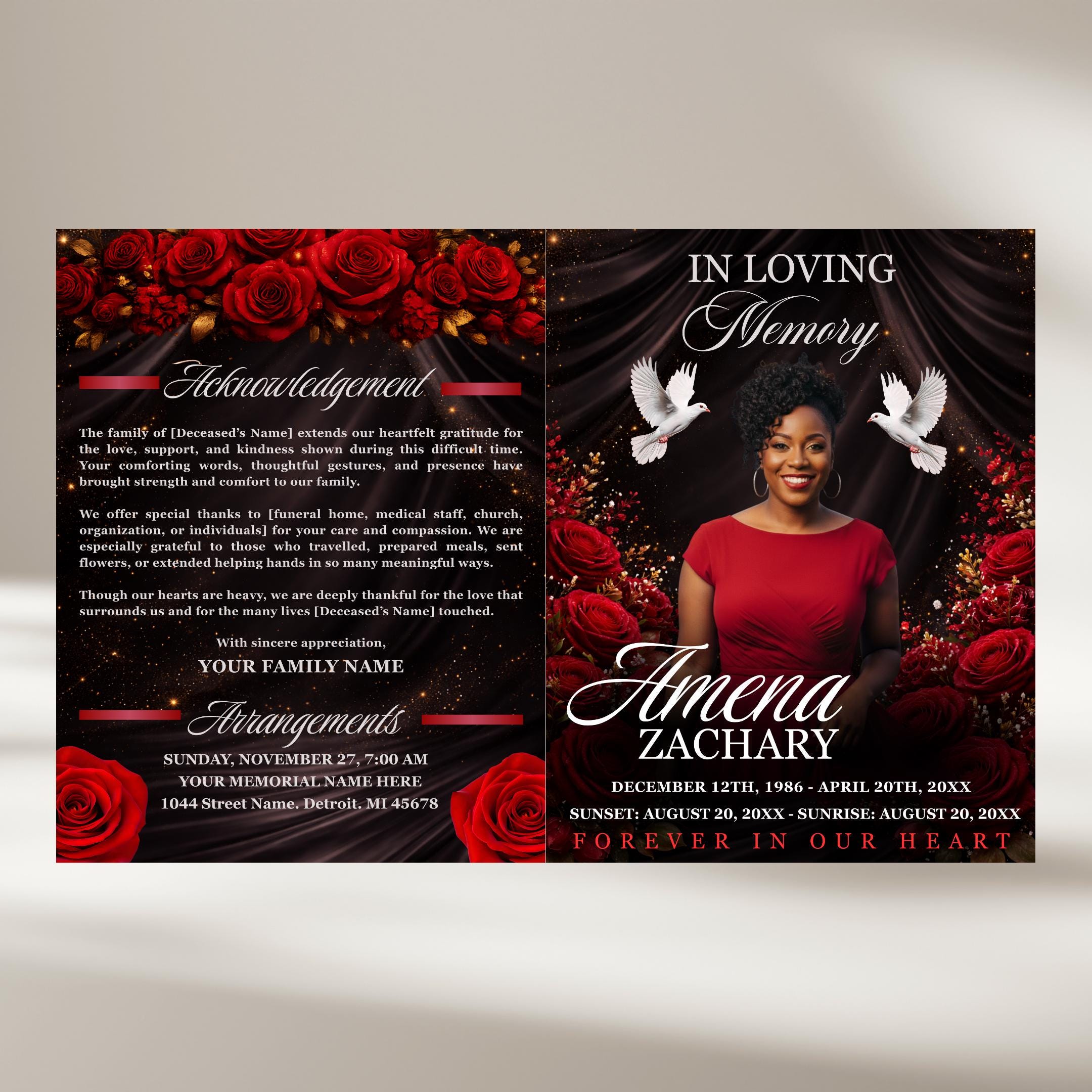 Sample Funeral Programs With Roses Red Roses Funeral Program Template: Celebration of Life (canva, 8 Pages ...