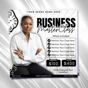May include: A promotional graphic for a business masterclass. The image features a woman in a white shirt and black pants. Text includes "Business MasterClass", "Whats Included", and pricing details. The background has a clock and a city skyline.