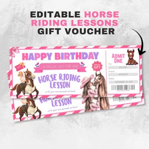 May include: A pink and white gift voucher for horse riding lessons. The voucher reads "Happy Birthday" and "Horse Riding Lesson". The voucher includes illustrations of horses and riders, and has space to write the recipient's name and date.
