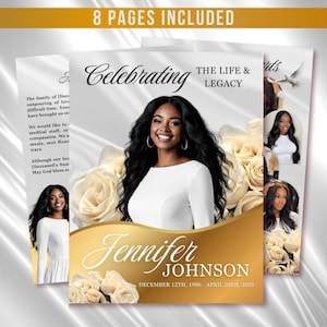 Pode incluir: Um programa memorial com um design dourado e branco. A capa apresenta uma foto de uma mulher, o texto "Celebrating THE LIFE & LEGACY" e o nome "Jennifer Johnson" com as datas 12 de dezembro de 1986 - 20 de abril de 2025.