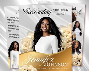 White Roses Funeral Program Template: Celebration of Life (Canva, 8 Pages, Digital Download)