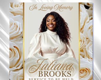 White and Gold Roses Funeral Announcement Flyer: Editable Canva Template (Digital Download)