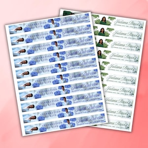 May include: Sheets of memorial stickers featuring the names "Judith Paterson" and "Juliana Brooks." The "Judith Paterson" stickers have a blue floral design and a photo. The "Juliana Brooks" stickers have a green floral design and a photo.