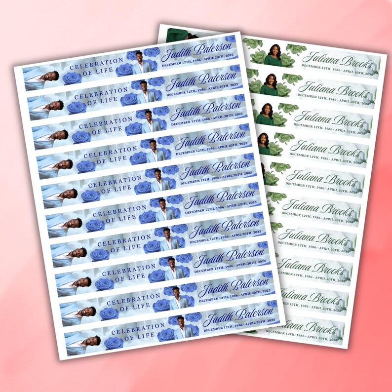 May include: Sheets of memorial stickers featuring the names "Judith Paterson" and "Juliana Brooks." The "Judith Paterson" stickers have a blue floral design and a photo. The "Juliana Brooks" stickers have a green floral design and a photo.