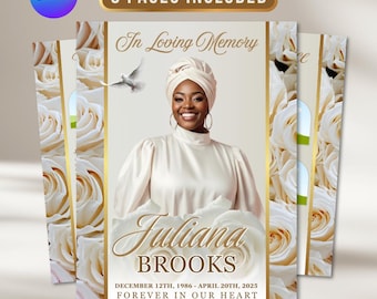 White Gold Funeral Program Template: 8-Page Memorial Program