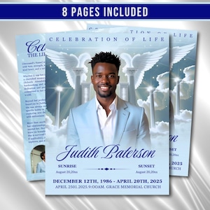 May include: A light blue memorial service program with the text "Celebration of Life" and "Judith Paterson." The program features a photo of a smiling person in a light blue suit, with angel wings and columns in the background. The text "8 Pages Included" is at the top.