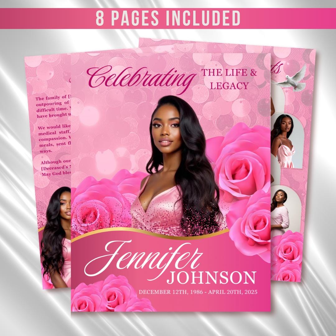Pink Roses Funeral Program Template: Celebration of Life (canva, 8 ...