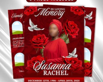 Red Roses Funeral Program Template: Celebration of Life (Canva, 8 Pages, Digital Download)