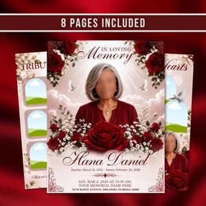 Pode incluir: Um modelo de programa funerário de 8 páginas com rosas vermelhas, flores brancas e pombas. A capa exibe o texto In Loving Memory, Hana Daniel, datas e detalhes do evento. O design inclui espaços reservados para fotos em um fundo de nuvens.