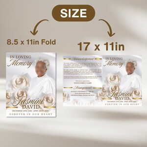 May include: A funeral program template featuring a portrait of a person, white roses, and gold text reading In Loving Memory, Jasmine David, December 12th, 1986 - April 20th, 2025, Forever In Our Heart. Dimensions are 8.5 x 11in folded and 17 x 11in flat.