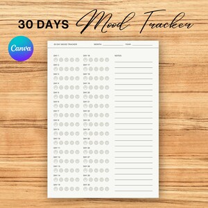 May include: A white 30-day mood tracker with the words "30 DAYS Mood Tracker" in black script. The tracker includes spaces for the month, year, and notes, with a series of smiley faces to track daily moods. The Canva logo is in the upper left corner.