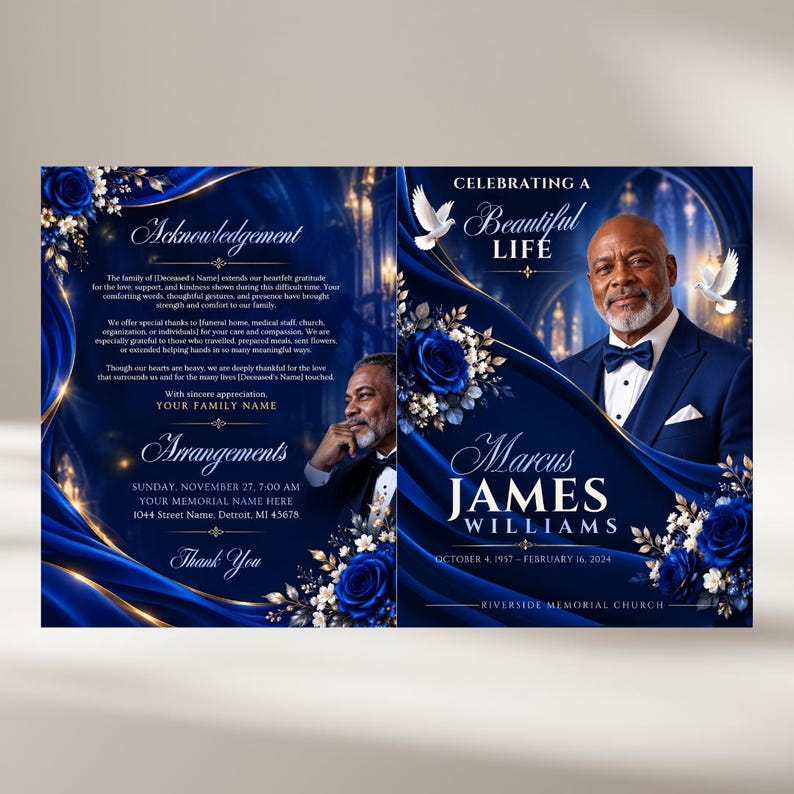 Blue & Gold Roses Funeral Program Template: Celebration of Life (canva ...