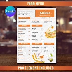 May include: A restaurant menu with an orange and white design. The menu includes sections for starters, sides, main courses, desserts, and drinks. The menu features a variety of dishes, including burgers, steak, and salads.
