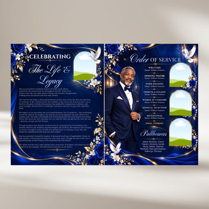Blue & Gold Roses Funeral Program Template: Celebration of Life (canva ...