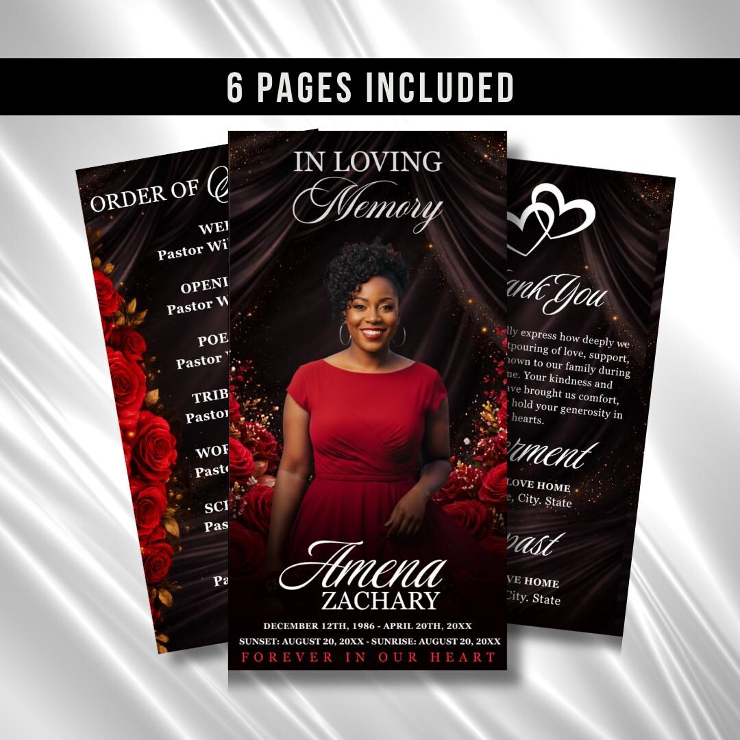 Red Funeral Program Template: Trifold Memorial, Celebration of Life ...
