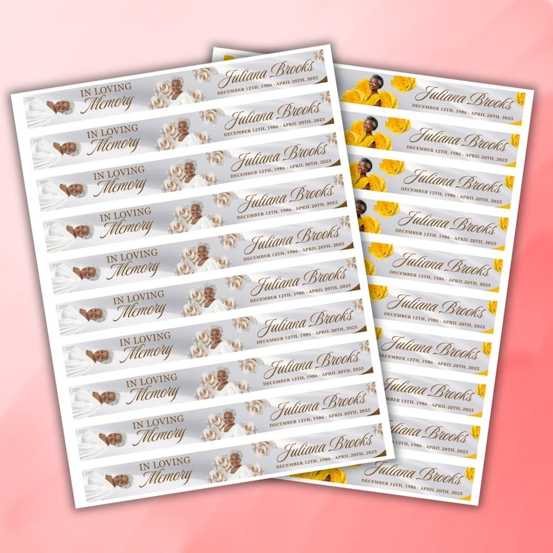May include: Sheets of memorial stickers with the text "In Loving Memory" and "Juliana Brooks" with dates. The stickers feature a photo, floral accents, and a soft color palette of white, gray, and gold.