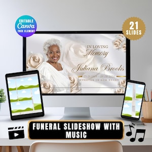 May include: A digital funeral slideshow template with the text "IN LOVING Memory Juliana Brooks" on a computer screen. The image includes a tablet and a phone displaying images, with the text "FUNERAL SLIDESHOW WITH MUSIC". The design features floral elements.