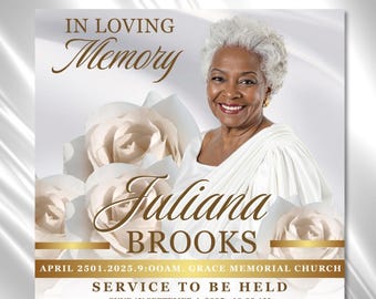 White Gold Funeral Announcement Flyer: Editable Canva Template (Digital Download)