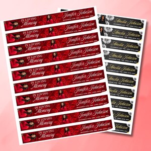 May include: Sheets of memorial labels with the text "In Loving Memory" and names like "Jenifer Johnson" and "Amelia Johnson" with dates. The labels feature a red rose background and a photo of the deceased.