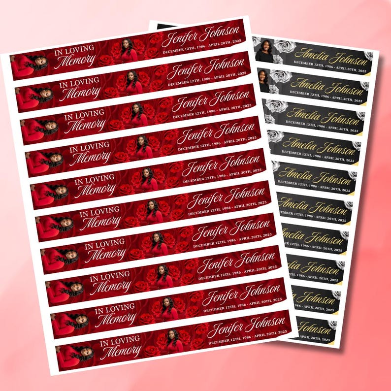 May include: Sheets of memorial labels with the text "In Loving Memory" and names like "Jenifer Johnson" and "Amelia Johnson" with dates. The labels feature a red rose background and a photo of the deceased.