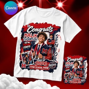 以下が含まれることがあります： 卒業デザインの白いTシャツ。「Congrats Malik Thompson」「Class of 2026」の文字と、卒業ジャケットを着た人物の画像が含まれています。「Senior」と「Success」の文字も表示されています。