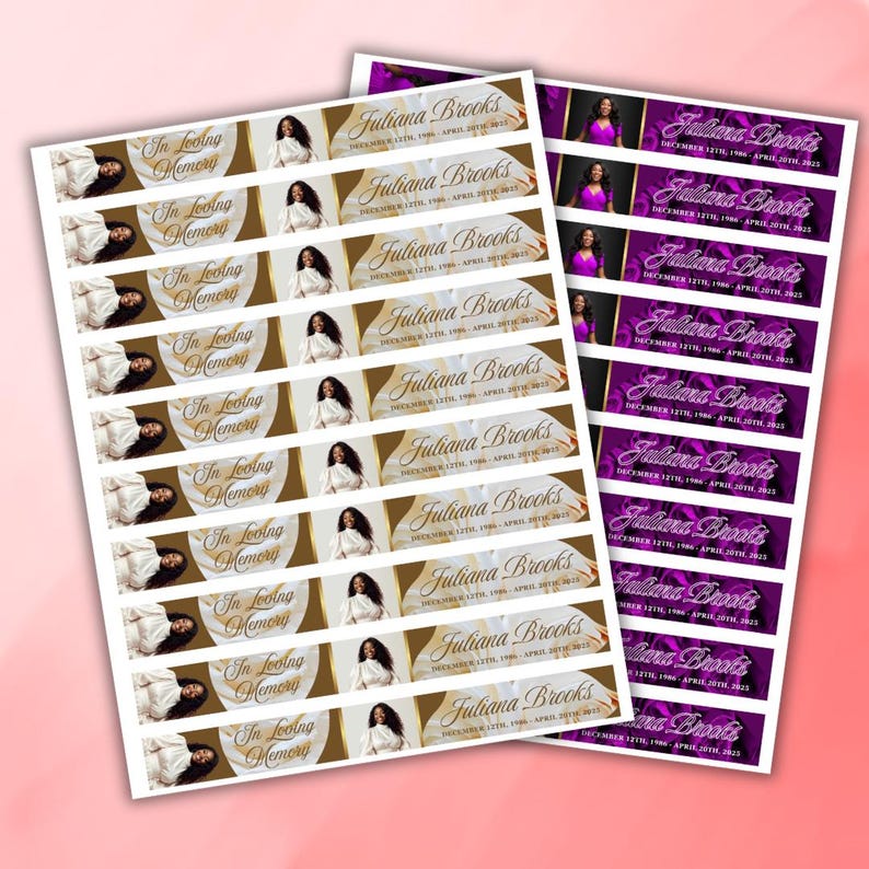 May include: Two sheets of memorial stickers. One sheet features stickers with a photo of a woman, the text "Juliana Brooks," and dates. The other sheet has stickers with a photo of a woman in purple and the same text and dates. The stickers are in shades of gold, white, and purple.