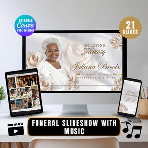 May include: A digital funeral slideshow with music, displayed on a computer monitor, tablet, and smartphone. The slideshow features a photo of a woman, floral accents, and the text "In Loving Memory" and "Juliana Brooks".