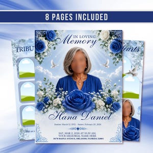 Könnte beinhalten: Eine 8-seitige Trauerprogramm-Vorlage mit blauen und weißen Rosen sowie Tauben vor einem bewölkten Himmel. Der Text lautet IN LOVING MEMORY, Hana Daniel, Sunrise: March 12, 1952 - Sunset: February 20, 2026, sowie Details zur Trauerfeier.