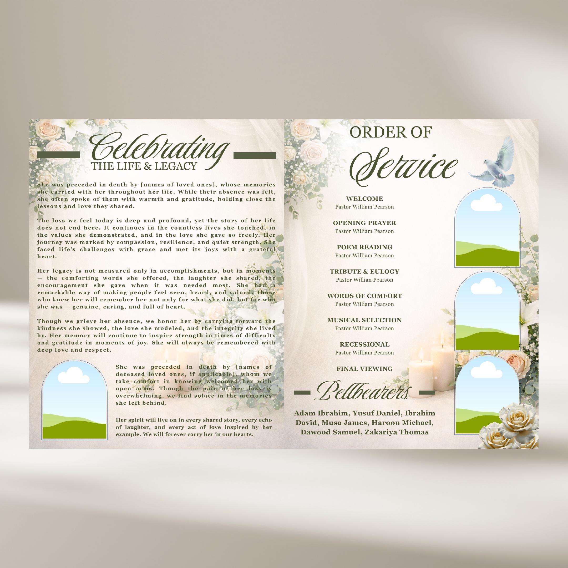 Green & White Roses Funeral Program Template: Celebration of Life ...