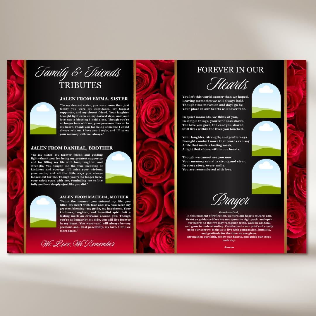 Sample Funeral Programs With Roses Red Roses Funeral Program Template: Celebration of Life (canva, 8 Pages ...